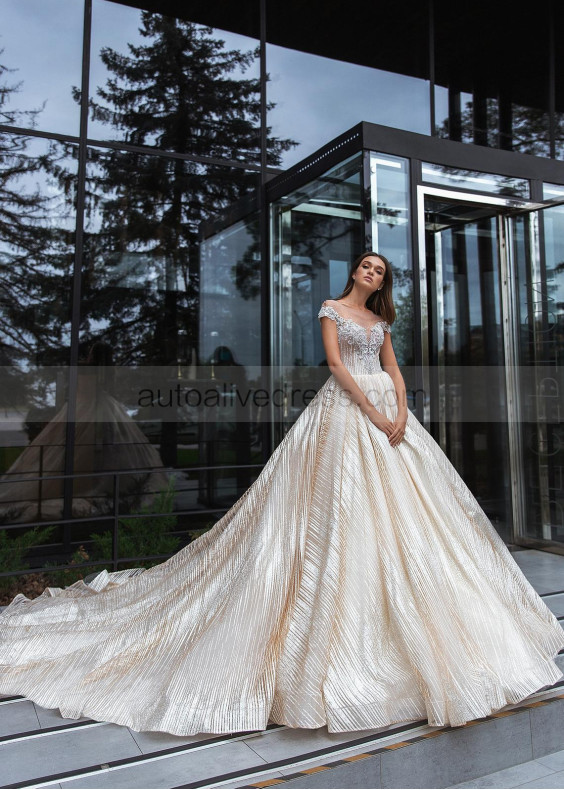 Cap Sleeve Beaded Tulle Cathedral Glitter Wedding Dress